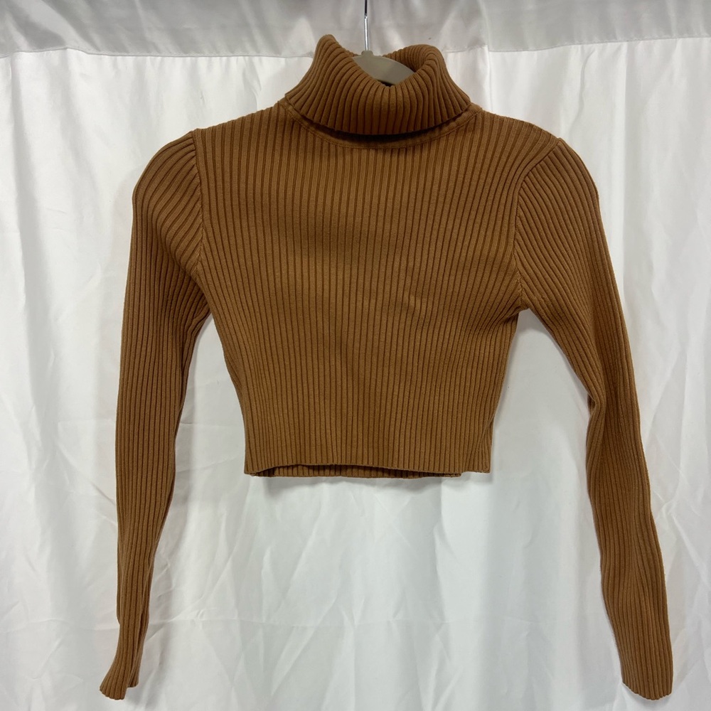 Daisy Cropped Turtleneck Sweater Ribbed Long Sleeve Brown Tan Womens Size Small